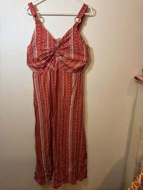 No Boundaries Red Paisley Print Twist-Front Cami Jumpsuit with Leg Slits